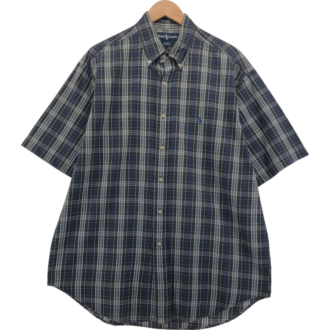 Ralph Lauren BLAIRE short sleeve button down check shirt, men's size L cotton black type Vintage Second Hand