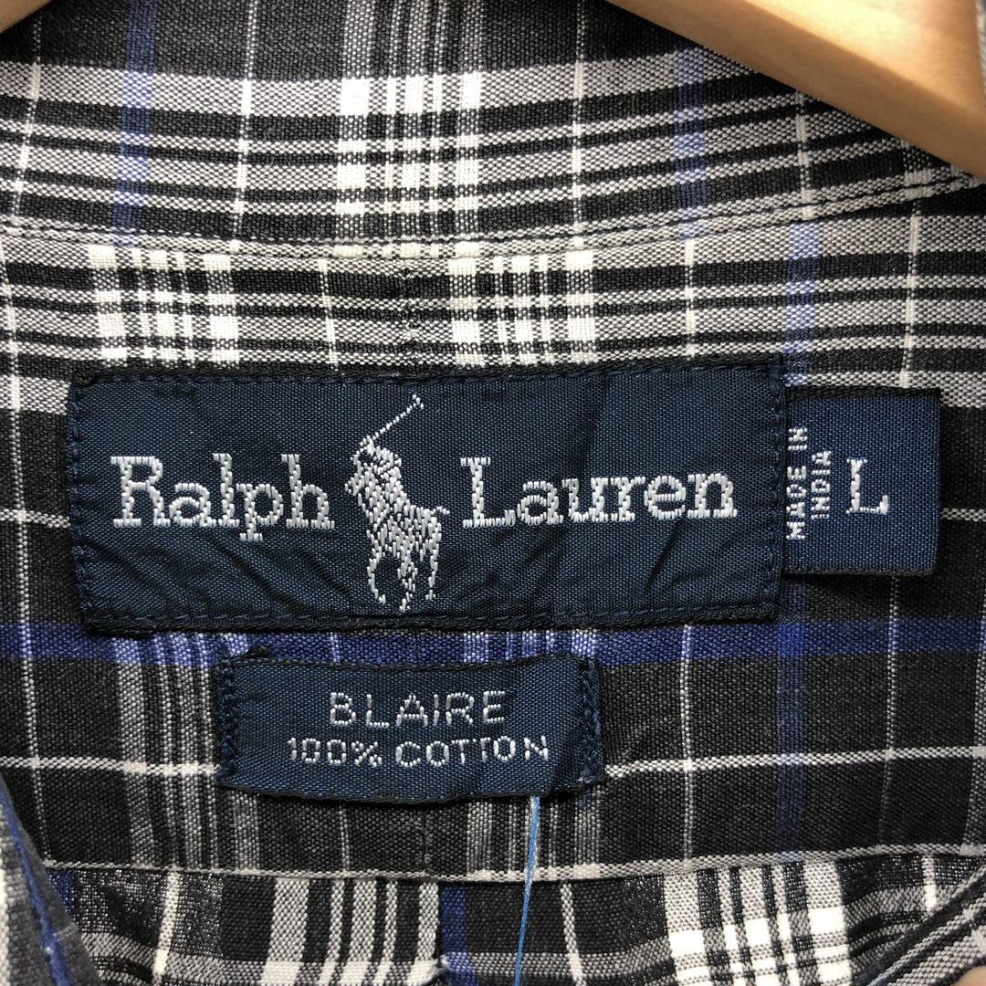 Ralph Lauren BLAIRE short sleeve button down check shirt, men's size L cotton black type Vintage Second Hand