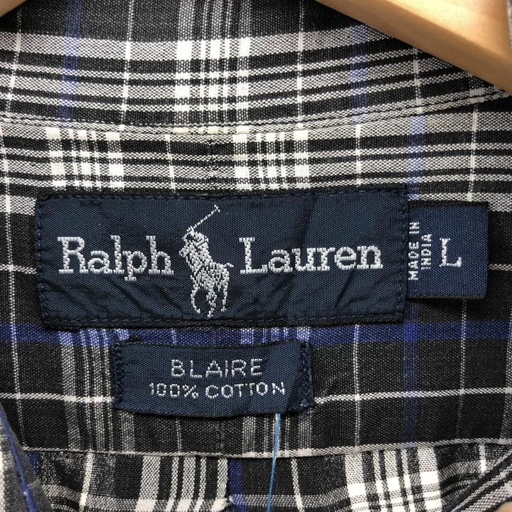 Ralph Lauren BLAIRE short sleeve button down check shirt, men's size L cotton black type Vintage Second Hand