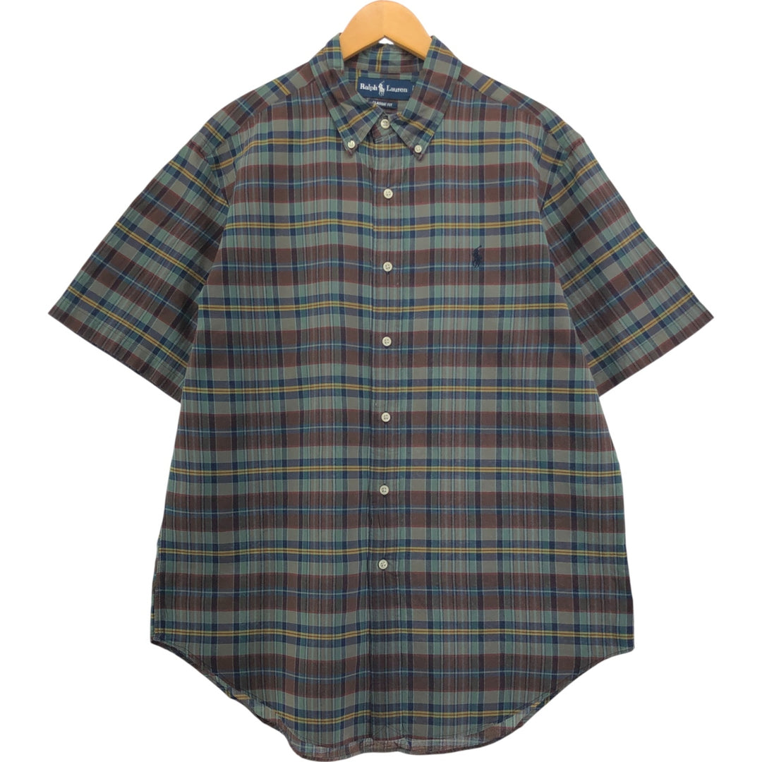 Ralph Lauren Classic Fit short sleeve button down check shirt, men's size L cotton Khaki type sage green Vintage Second Hand