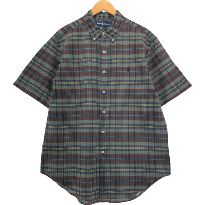 Ralph Lauren Classic Fit short sleeve button down check shirt, men's size L cotton Khaki type sage green Vintage Second Hand