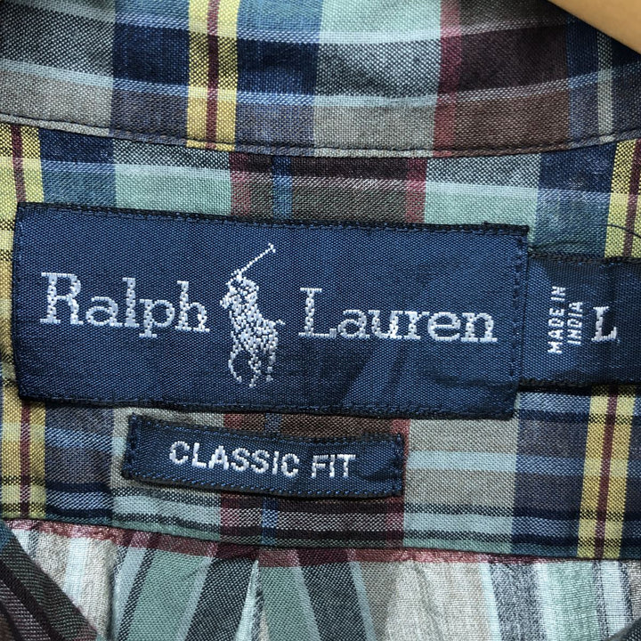 Ralph Lauren Classic Fit short sleeve button down check shirt, men's size L cotton Khaki type sage green Vintage Second Hand