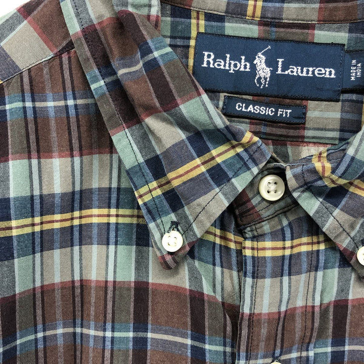 Ralph Lauren Classic Fit short sleeve button down check shirt, men's size L cotton Khaki type sage green Vintage Second Hand