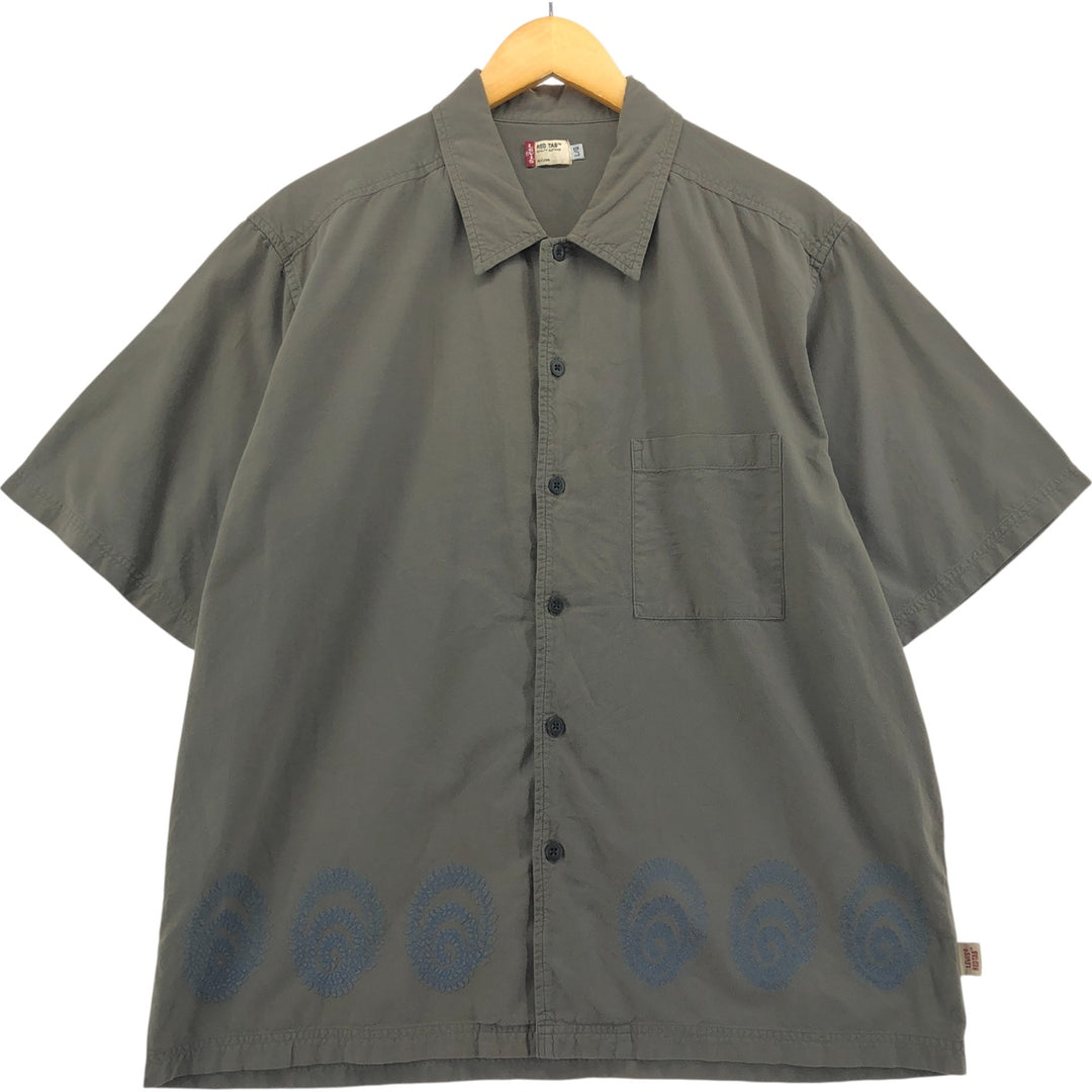 Levi's RED TAB embroidered short sleeve cotton shirt, box shirt, men's size L cotton Khaki type sage green Vintage Second Hand