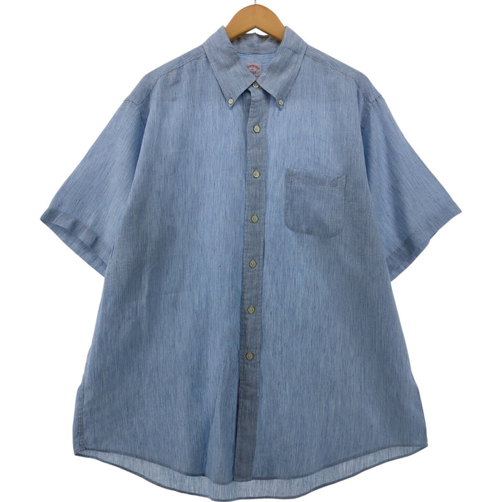 Brooks Brothers Est.1818 Stripe Pattern Short Sleeve Linen Button Down Shirt Men's XL linen blue type Vintage Second Hand