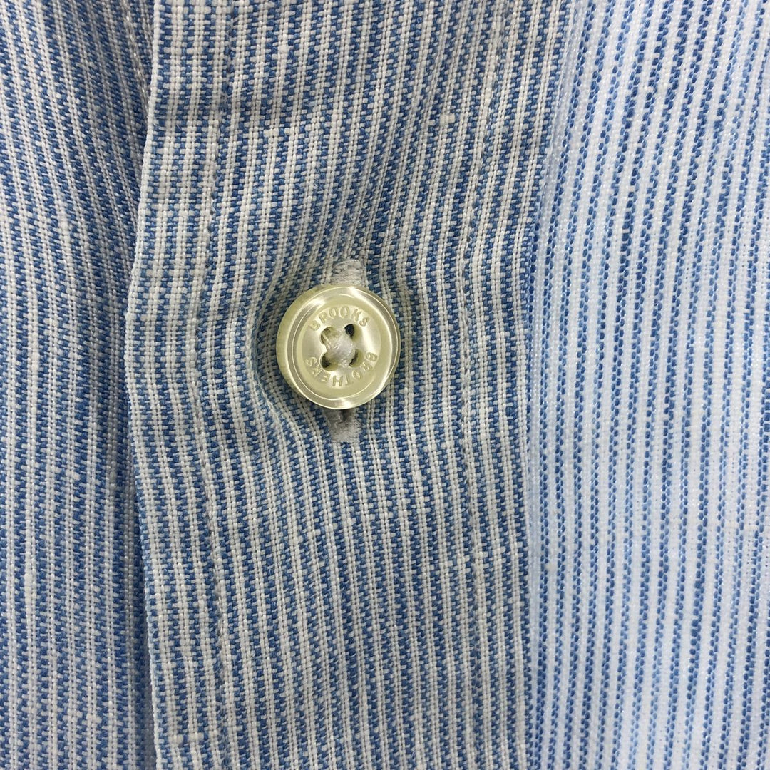 Brooks Brothers Est.1818 Stripe Pattern Short Sleeve Linen Button Down Shirt Men's XL linen blue type Vintage Second Hand