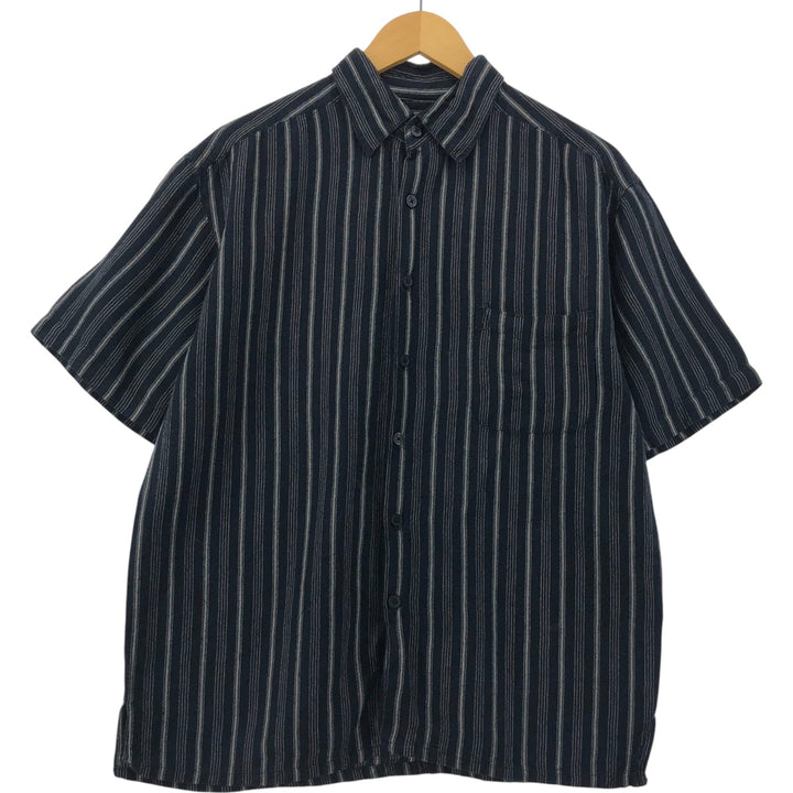 LINEA DOME Stripe Pattern Short Sleeve Linen Shirt Box Shirt Men's M Size linen black type Vintage Second Hand