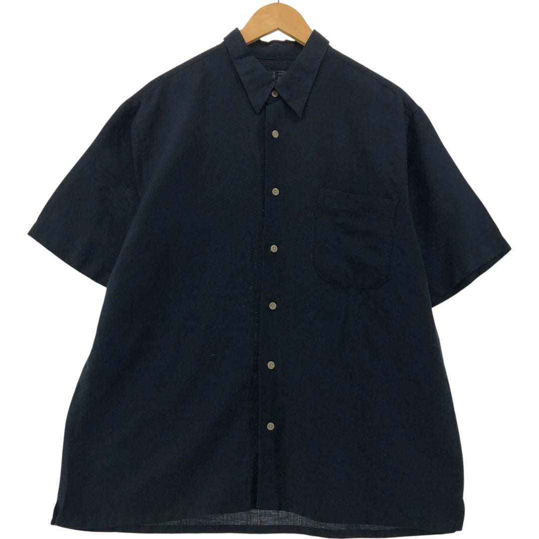 J. Ferrar open collar short sleeve linen shirt, box shirt, men's size L linen black type Vintage Second Hand