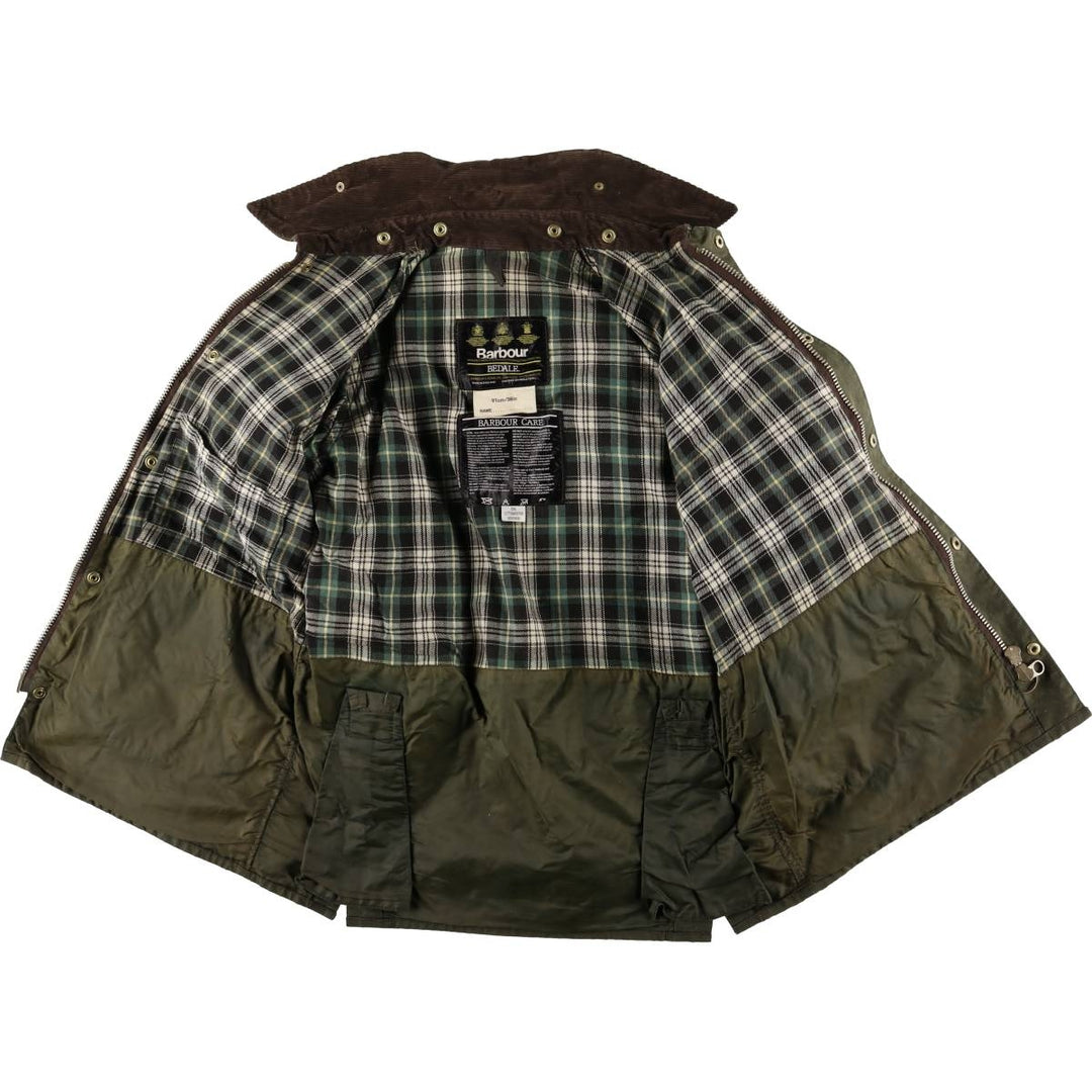 80s-90'S Barbour BEDALE 3 Warrant Waxed Cotton Oiled Jacket, Made in England, Size 35.8" cotton Khaki type Vintage Second Hand