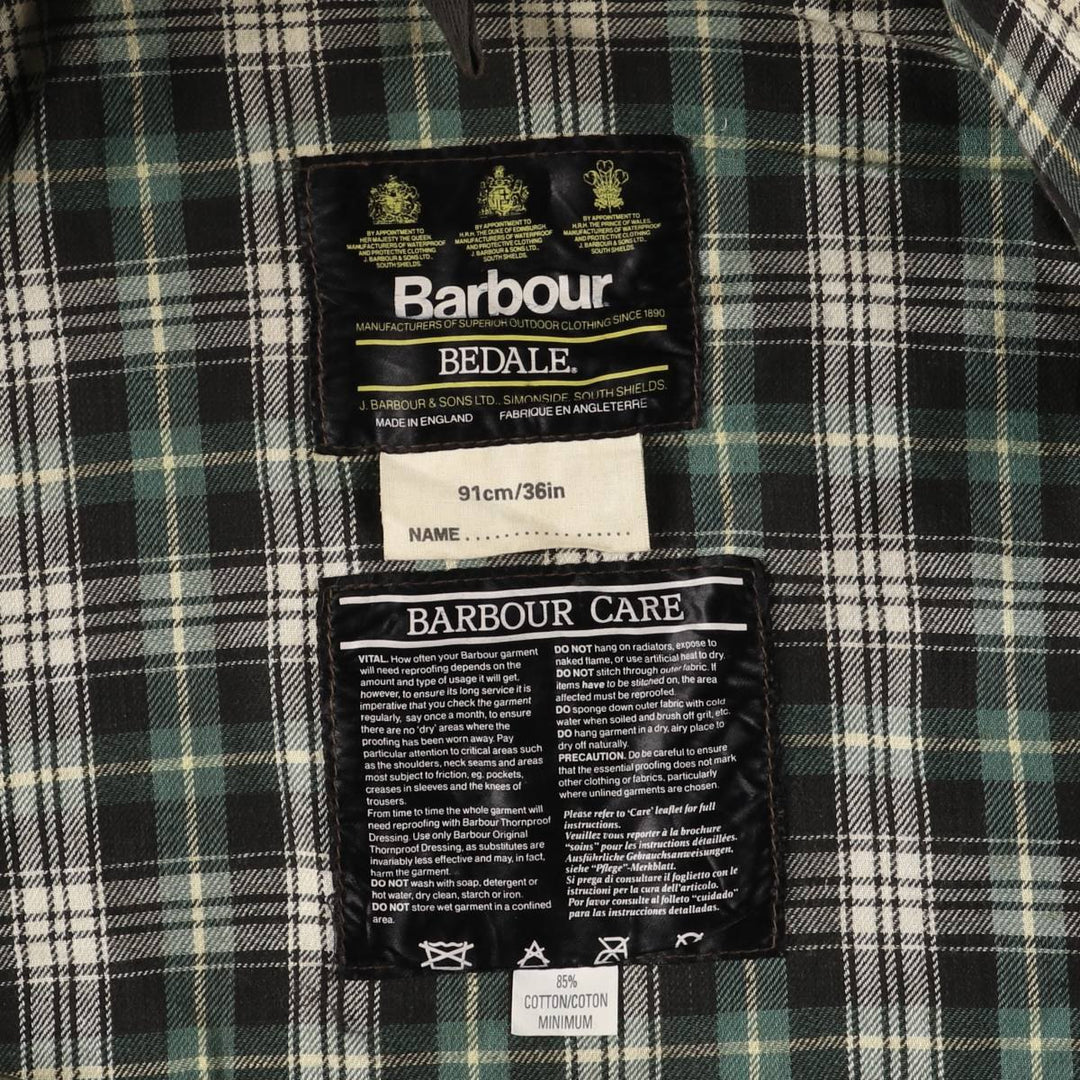 80s-90'S Barbour BEDALE 3 Warrant Waxed Cotton Oiled Jacket, Made in England, Size 35.8" cotton Khaki type Vintage Second Hand