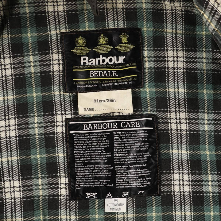 80s-90'S Barbour BEDALE 3 Warrant Waxed Cotton Oiled Jacket, Made in England, Size 35.8" cotton Khaki type Vintage Second Hand