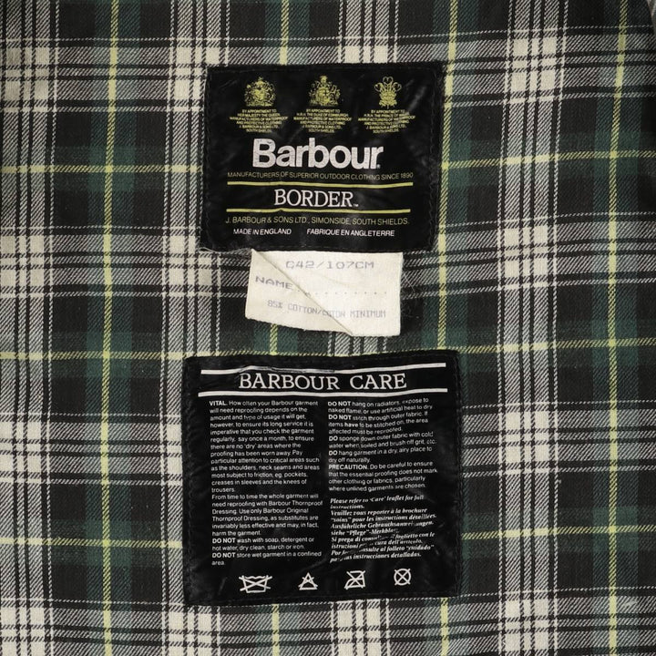 80s-90'S Barbour BORDER Old 3 Warrant Waxed Cotton Oiled Jacket Made in England C42 Men's L size cotton Khaki type Vintage Second Hand