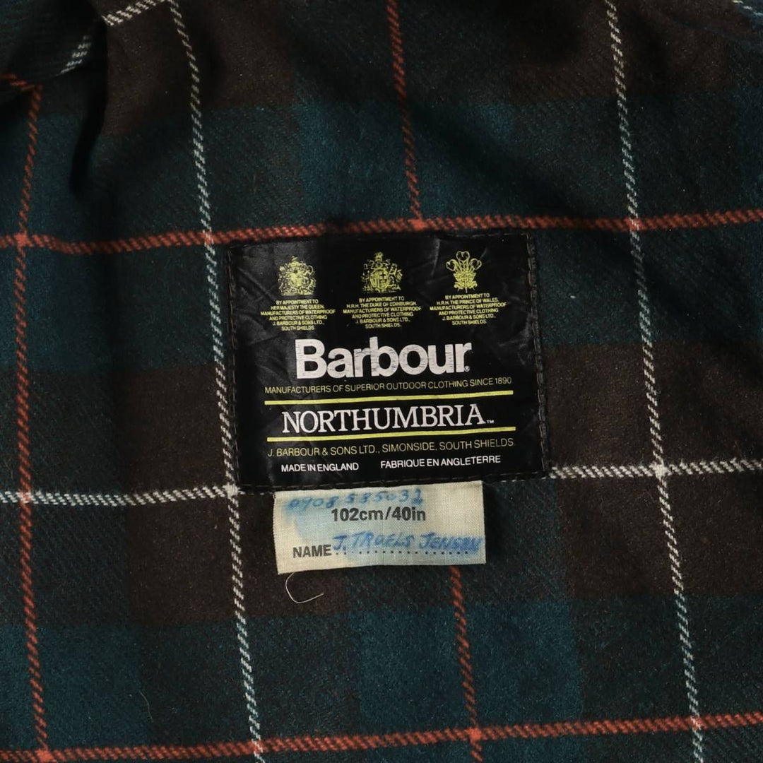 80s-90'S Barbour Northumbria 3 Warrant Waxed Cotton Oiled Jacket, Made in England, Size 40.2" cotton Khaki type Vintage Second Hand