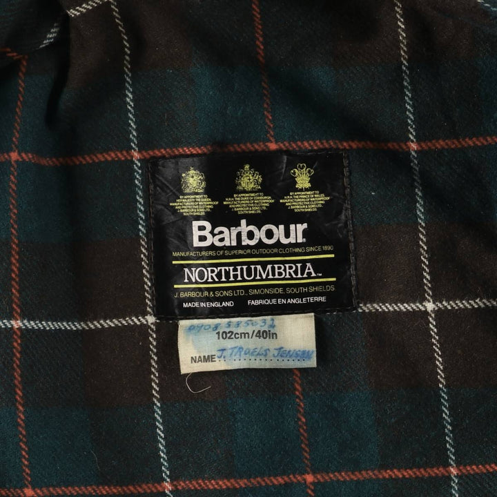 80s-90'S Barbour Northumbria 3 Warrant Waxed Cotton Oiled Jacket, Made in England, Size 40.2" cotton Khaki type Vintage Second Hand