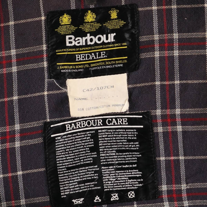 80s-90'S Barbour BEDALE 3 Warrant Waxed Cotton Oiled Jacket, Made in England, C42, Men's Size L cotton navy blue type Vintage Second Hand