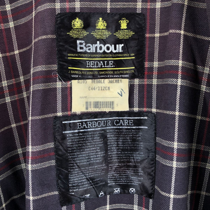 1990'S Barbour Bedale 3-Warrant Waxed Cotton Oiled Jacket, Made in England, C44, Men's Size L unclear navy blue type Vintage Second Hand