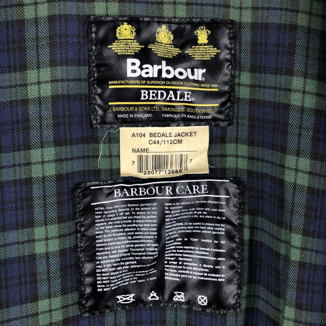2000'S Barbour BEDALE Waxed Cotton Oiled Jacket with 3 Warrant Badge, Made in the UK, C44, Men's Size L cotton brown type Vintage Second Hand