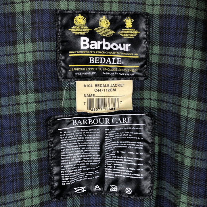 2000'S Barbour BEDALE Waxed Cotton Oiled Jacket with 3 Warrant Badge, Made in the UK, C44, Men's Size L cotton brown type Vintage Second Hand