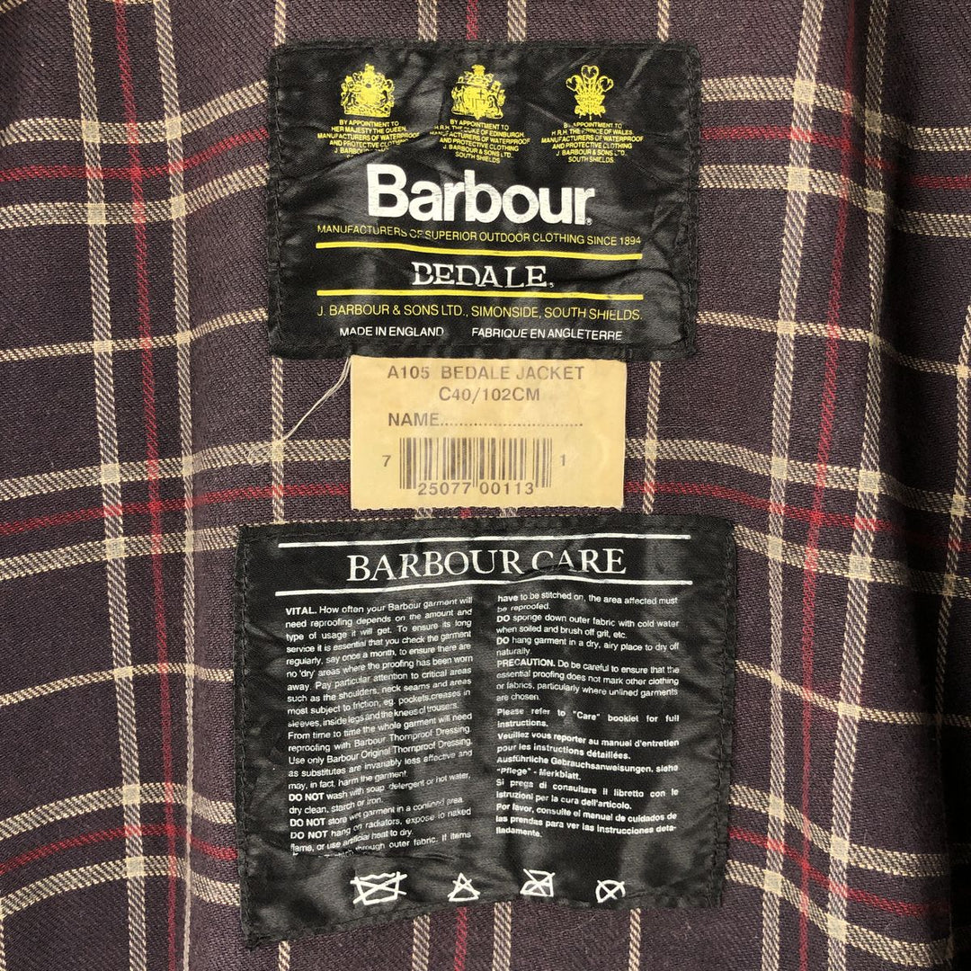 1990'S Barbour Bedale (formerly 3 Warrant) waxed cotton oiled jacket, made in England, C40, men's size M cotton navy blue type Vintage Second Hand
