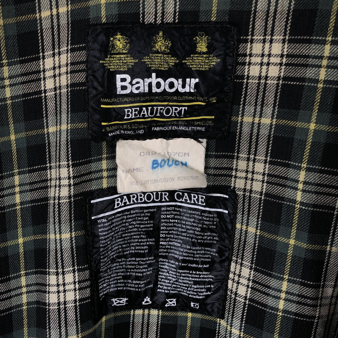 80s-90'S Barbour BEAUFORT 3 Warrant Oiled Hunting Jacket, Made in England, C42, Men's Size L cotton Khaki type Vintage Second Hand