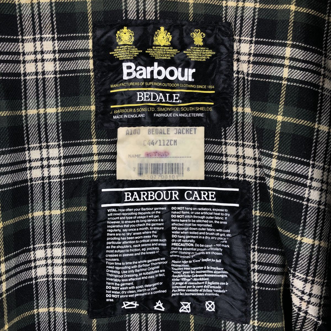 1990'S Barbour Bedale 3-Warrant Waxed Cotton Oiled Jacket, Made in England, C44, Men's Size L cotton Khaki type Vintage Second Hand