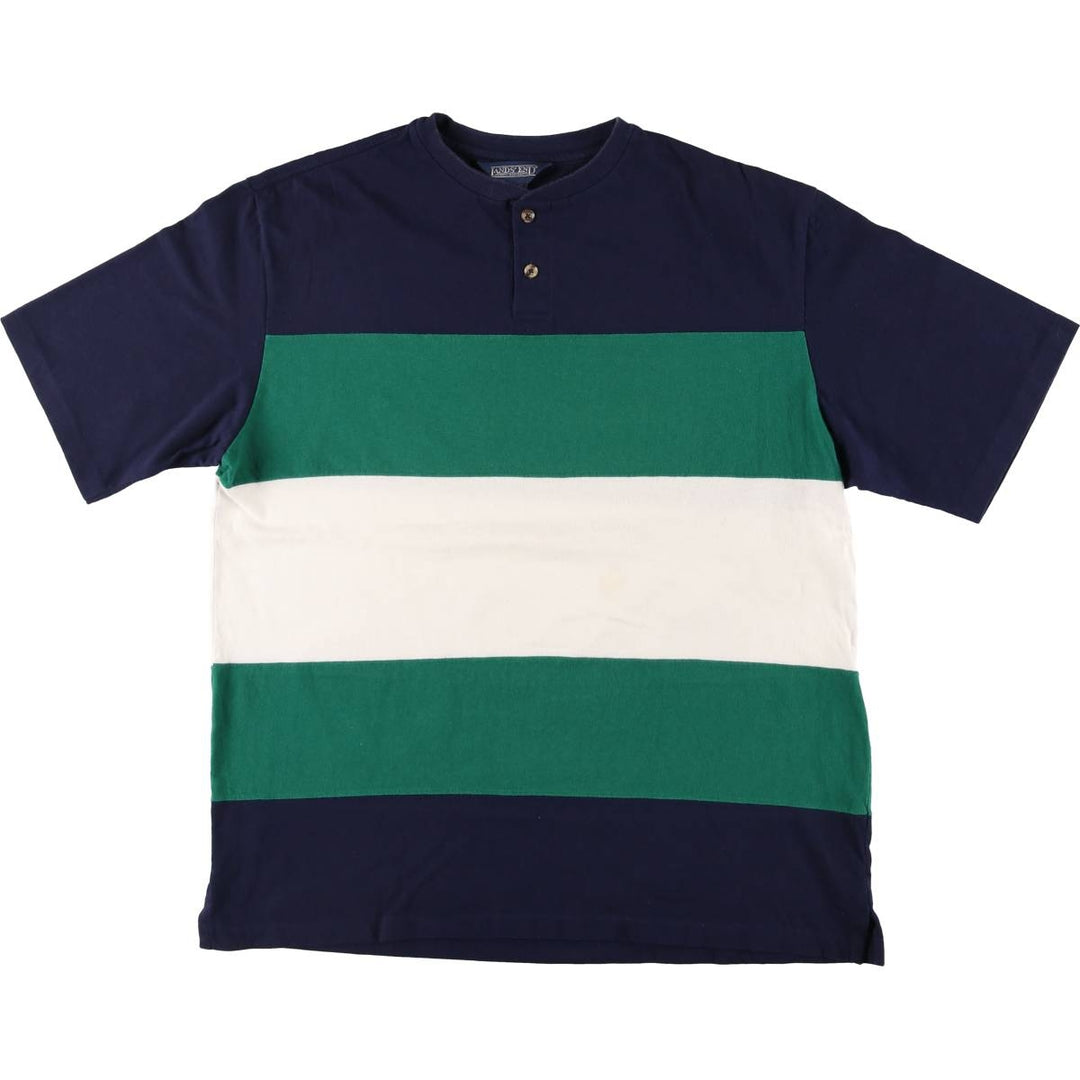 90'S LANDS' END Henley neck short sleeve striped T-shirt made in USA men's size L vintage cotton navy blue type Vintage Second Hand