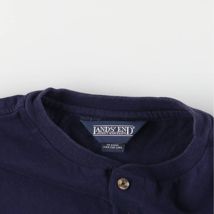 90'S LANDS' END Henley neck short sleeve striped T-shirt made in USA men's size L vintage cotton navy blue type Vintage Second Hand