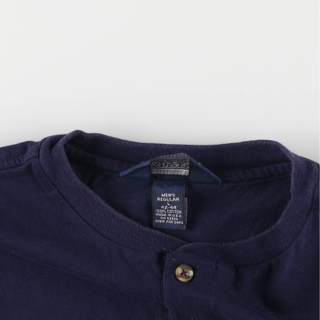90'S LANDS' END Henley neck short sleeve striped T-shirt made in USA men's size L vintage cotton navy blue type Vintage Second Hand