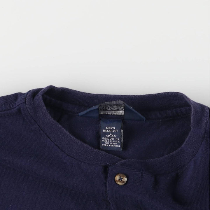 90'S LANDS' END Henley neck short sleeve striped T-shirt made in USA men's size L vintage cotton navy blue type Vintage Second Hand