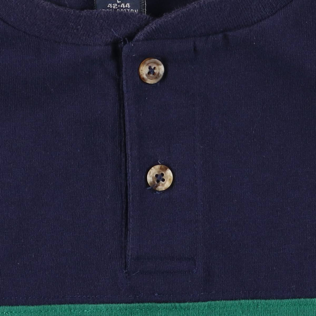 90'S LANDS' END Henley neck short sleeve striped T-shirt made in USA men's size L vintage cotton navy blue type Vintage Second Hand