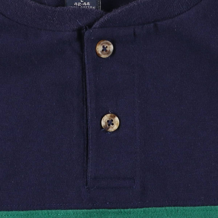 90'S LANDS' END Henley neck short sleeve striped T-shirt made in USA men's size L vintage cotton navy blue type Vintage Second Hand