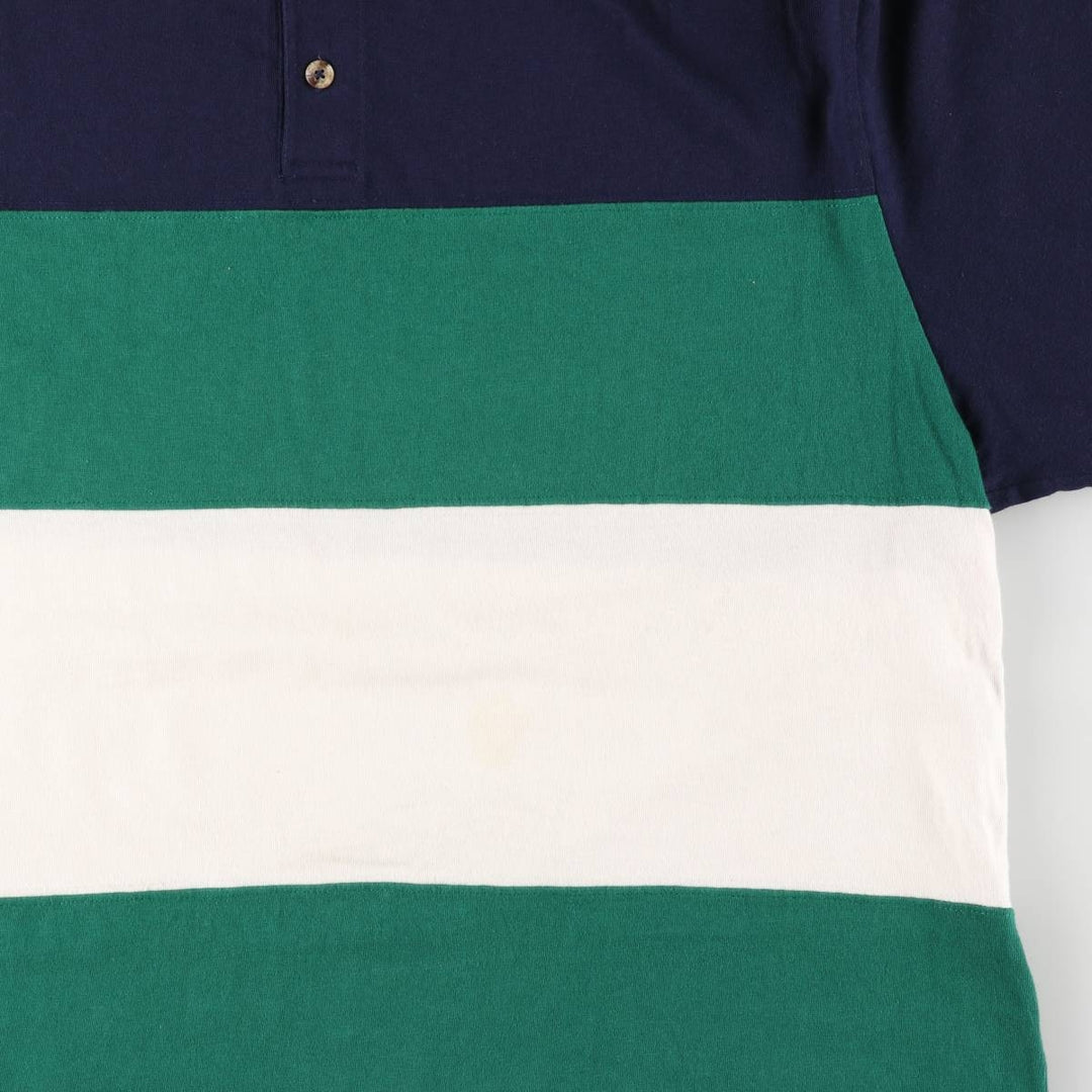 90'S LANDS' END Henley neck short sleeve striped T-shirt made in USA men's size L vintage cotton navy blue type Vintage Second Hand