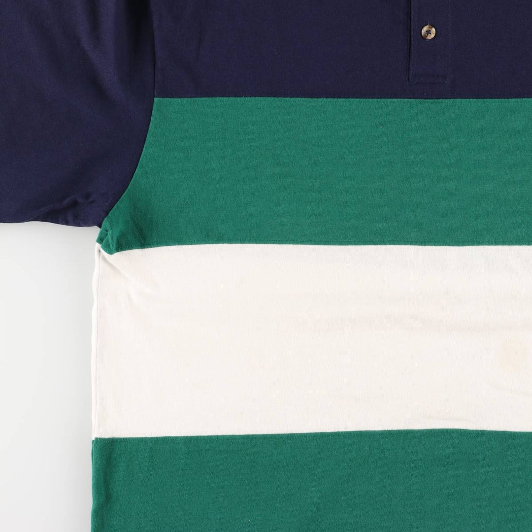 90'S LANDS' END Henley neck short sleeve striped T-shirt made in USA men's size L vintage cotton navy blue type Vintage Second Hand