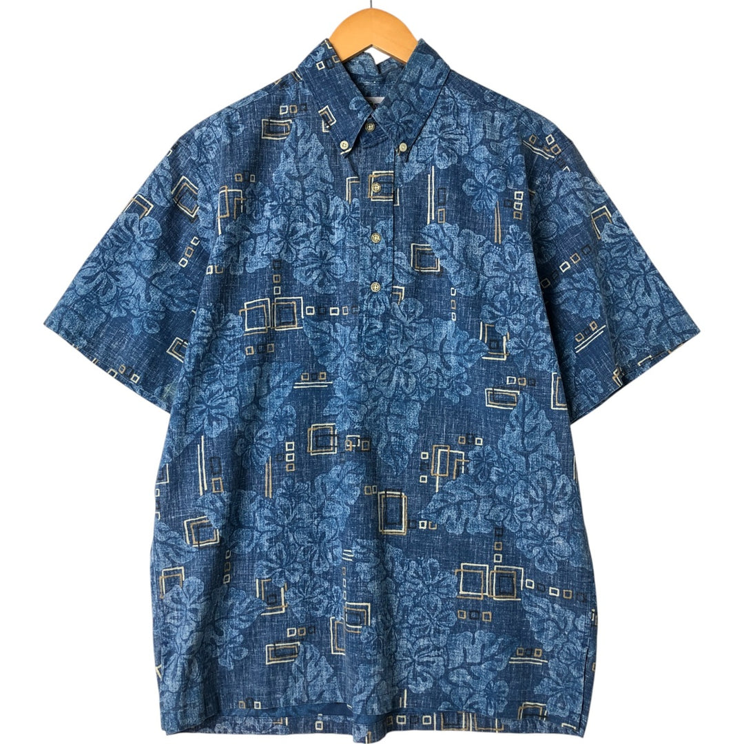 90'S Reyn Spooner Hibiscus Pattern Button-Down Hawaiian Aloha Shirt, Made in Hawaii, Men's M Size, Vintage cotton blue type Vintage Second Hand
