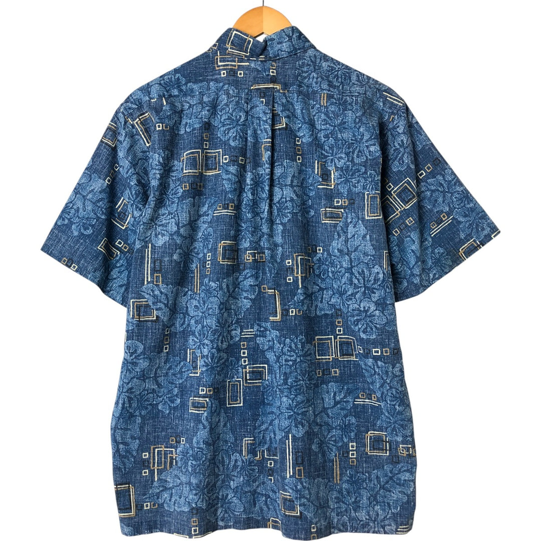 90'S Reyn Spooner Hibiscus Pattern Button-Down Hawaiian Aloha Shirt, Made in Hawaii, Men's M Size, Vintage cotton blue type Vintage Second Hand