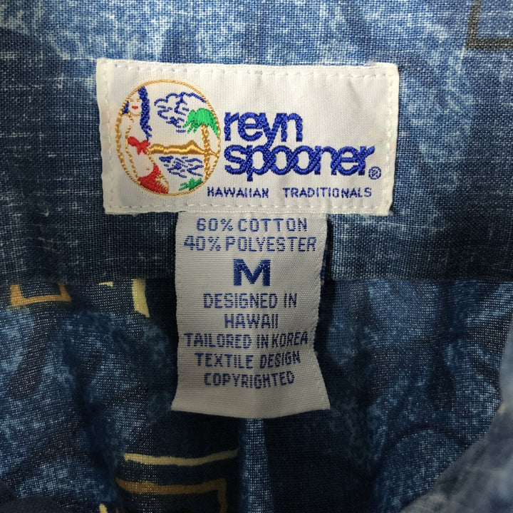 90'S Reyn Spooner Hibiscus Pattern Button-Down Hawaiian Aloha Shirt, Made in Hawaii, Men's M Size, Vintage cotton blue type Vintage Second Hand