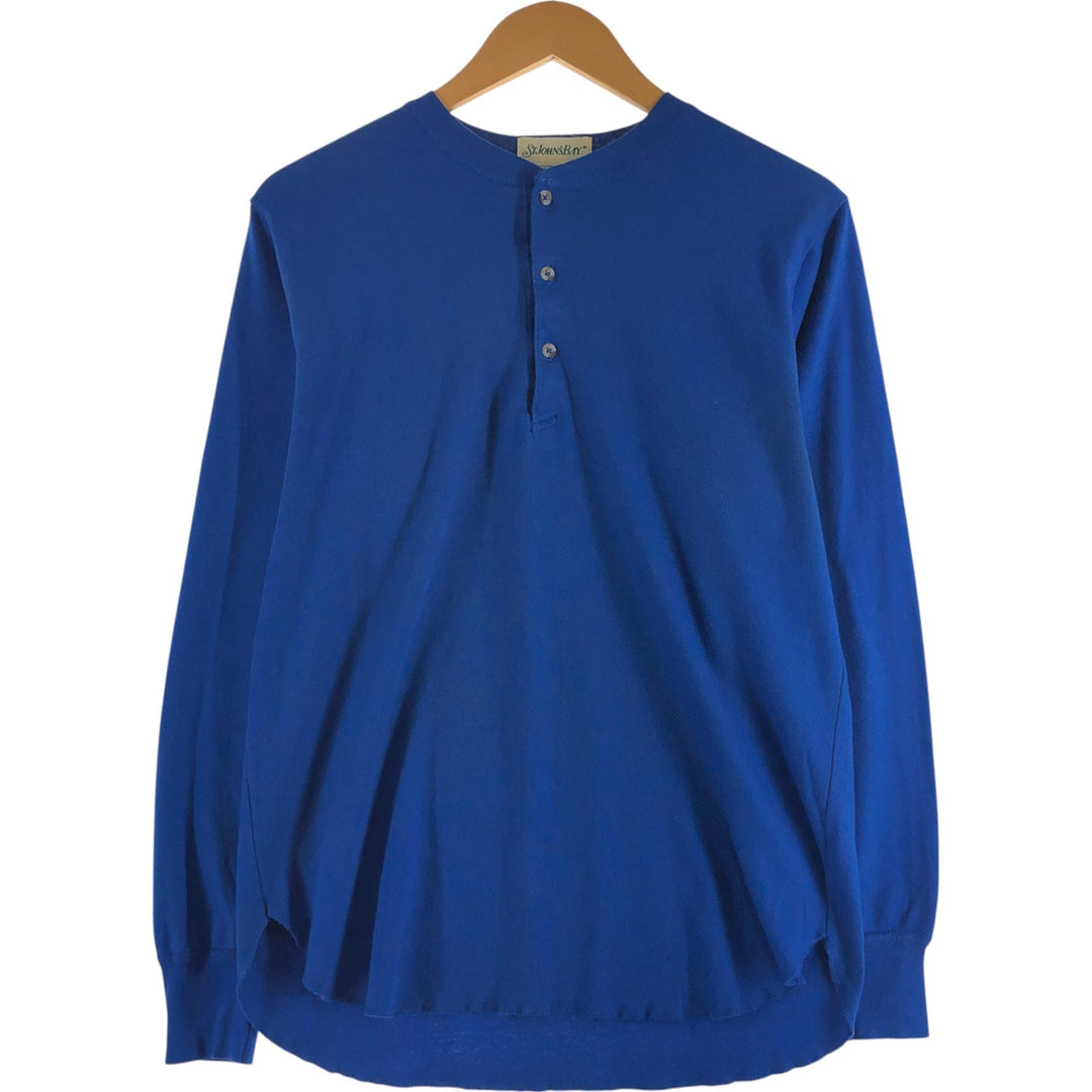90'S St. John's Bay Henley neck long T-shirt, long sleeve T, made in the USA, men's size L, vintage cotton blue type Vintage Second Hand