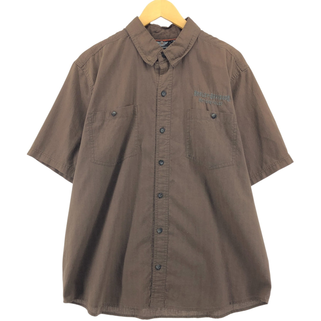 Harley-Davidson Skull Pattern Hidden Button Down Short Sleeve Work Shirt Men's XL cotton brown type Vintage Second Hand
