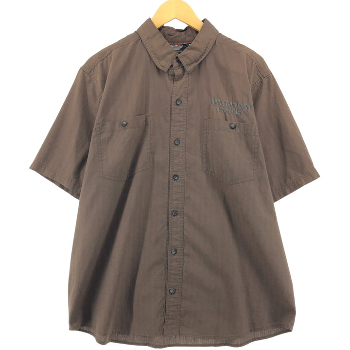 Harley-Davidson Skull Pattern Hidden Button Down Short Sleeve Work Shirt Men's XL cotton brown type Vintage Second Hand