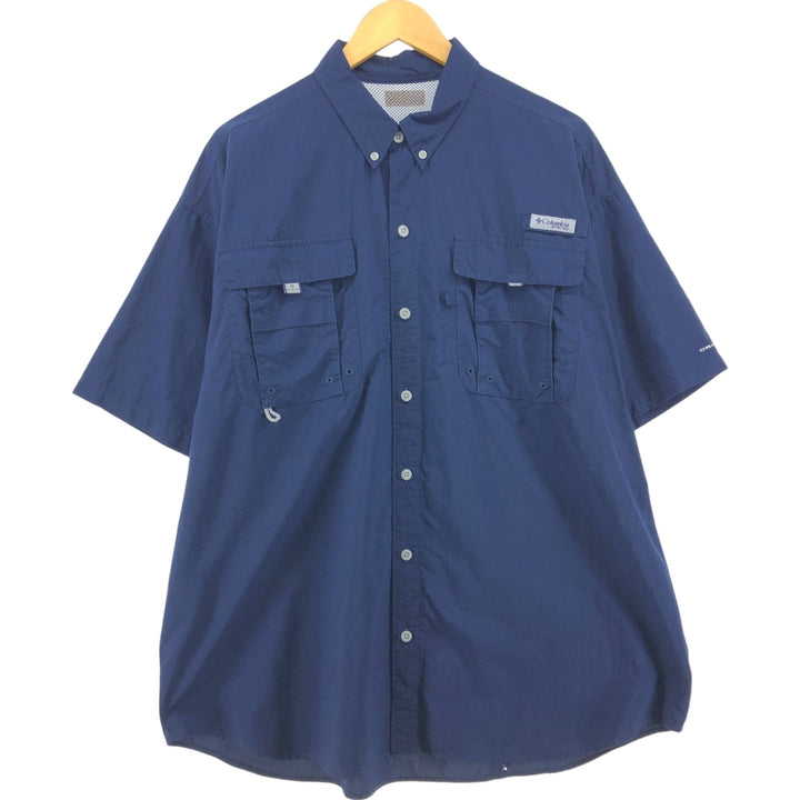 Columbia PFG OMNI-SHADE Button-down Short Sleeve Fishing Shirt, Men's XL Nylon navy blue type Vintage Second Hand