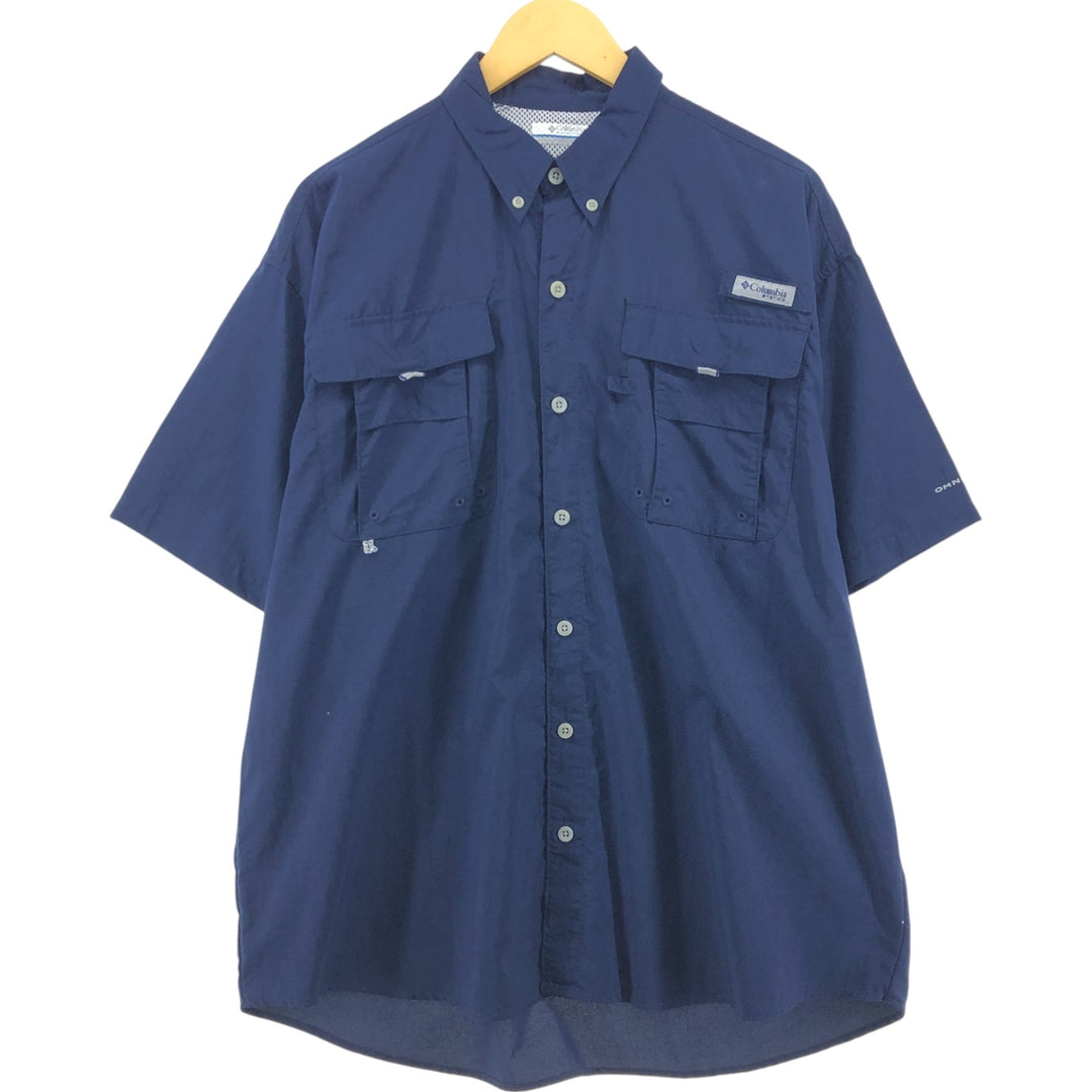 Columbia PFG OMNI-SHADE Button-down Short Sleeve Fishing Shirt, Men's Size L Nylon navy blue type Vintage Second Hand