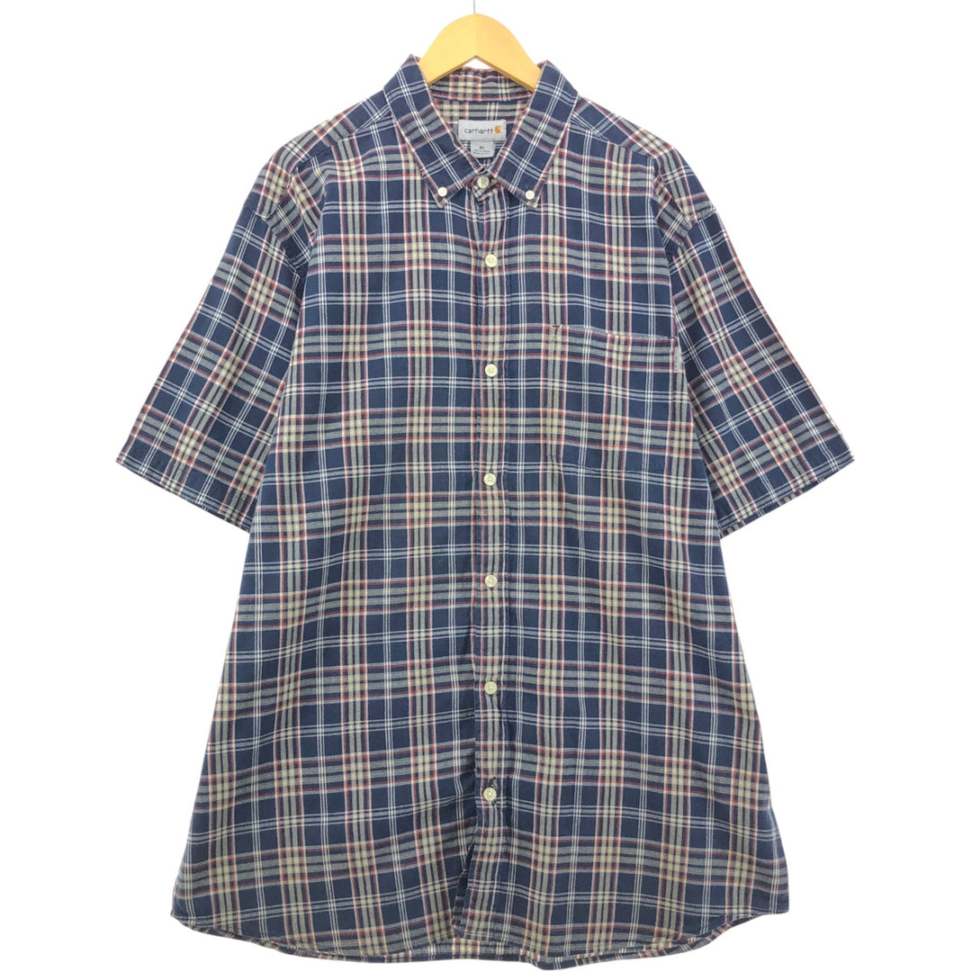 Carhartt Check Pattern Short Sleeve Work Shirt, Men's XL cotton navy blue type Vintage Second Hand