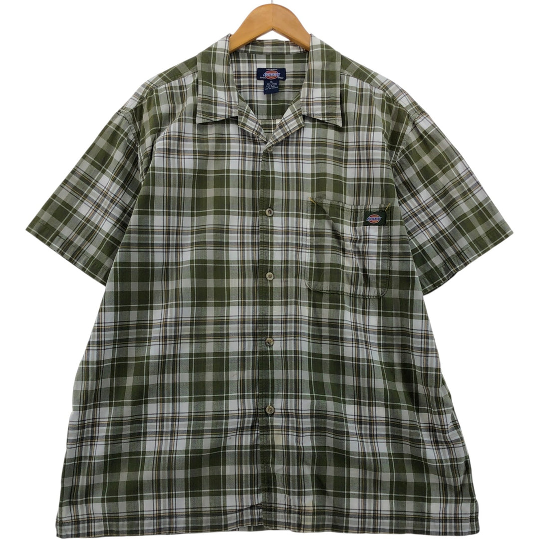 Dickies Check Pattern Open Collar Short Sleeve Work Shirt Box Shirt Men's XL cotton Khaki type sage green Vintage Second Hand