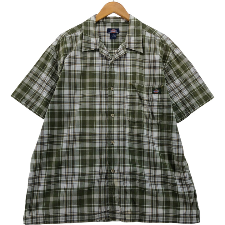 Dickies Check Pattern Open Collar Short Sleeve Work Shirt Box Shirt Men's XL cotton Khaki type sage green Vintage Second Hand