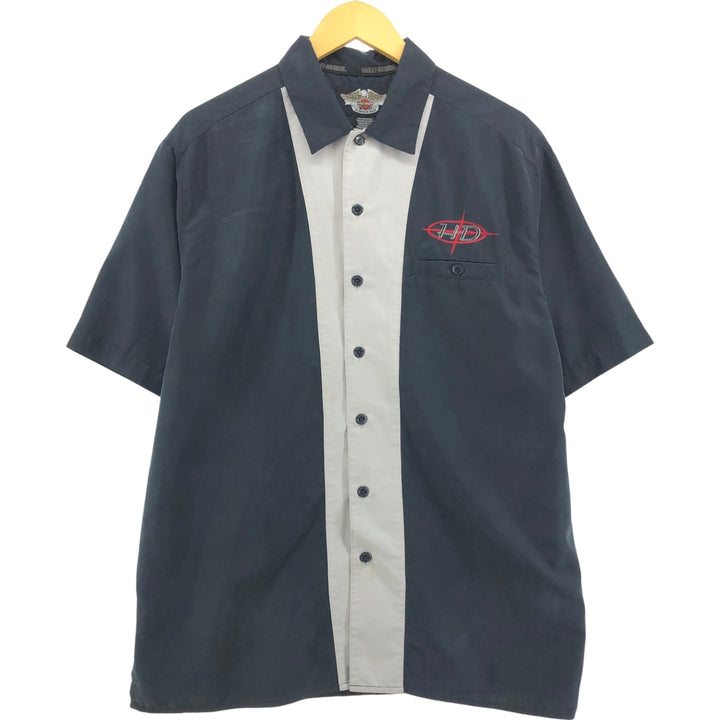 Harley-Davidson Logo Embroidered Short Sleeve Work Shirt Box Shirt Men's Size L Polynosic black type Vintage Second Hand