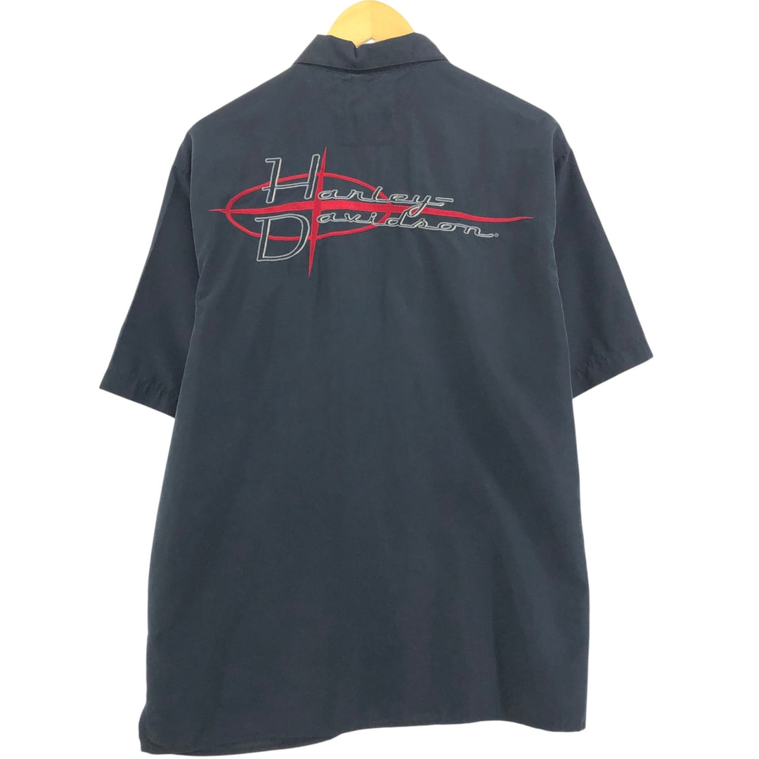 Harley-Davidson Logo Embroidered Short Sleeve Work Shirt Box Shirt Men's Size L Polynosic black type Vintage Second Hand