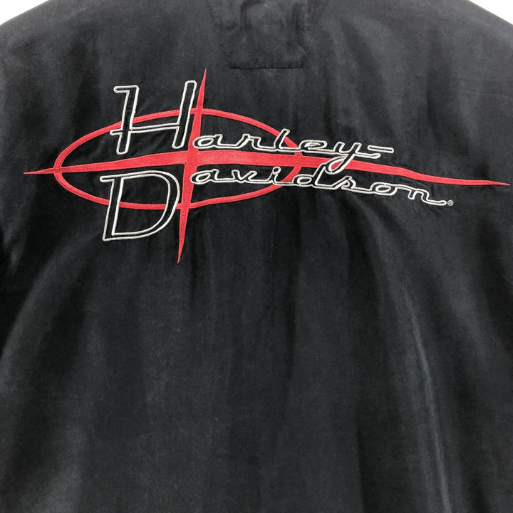 Harley-Davidson Logo Embroidered Short Sleeve Work Shirt Box Shirt Men's Size L Polynosic black type Vintage Second Hand