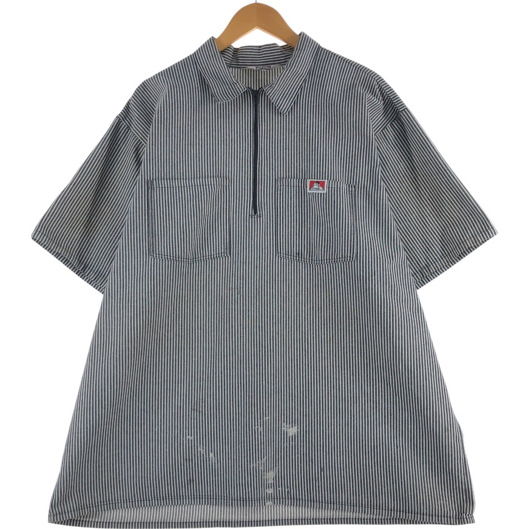 80'S Ben Davis Stripe Pattern Half Zip Short Sleeve Work Shirt Box Shirt Made in USA Men's XXL Vintage cotton black type Vintage Second Hand