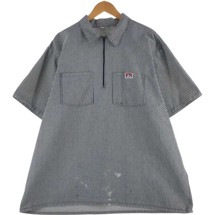 80'S Ben Davis Stripe Pattern Half Zip Short Sleeve Work Shirt Box Shirt Made in USA Men's XXL Vintage cotton black type Vintage Second Hand
