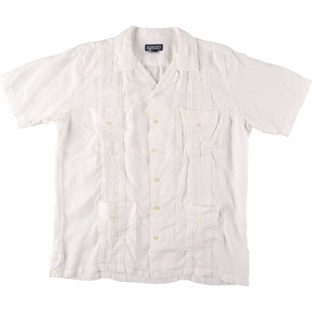 90'S LANDS'END Short Sleeve Open Collar Mexican Shirt Cuban Shirt Box Shirt Men's XL linen white type Vintage Second Hand
